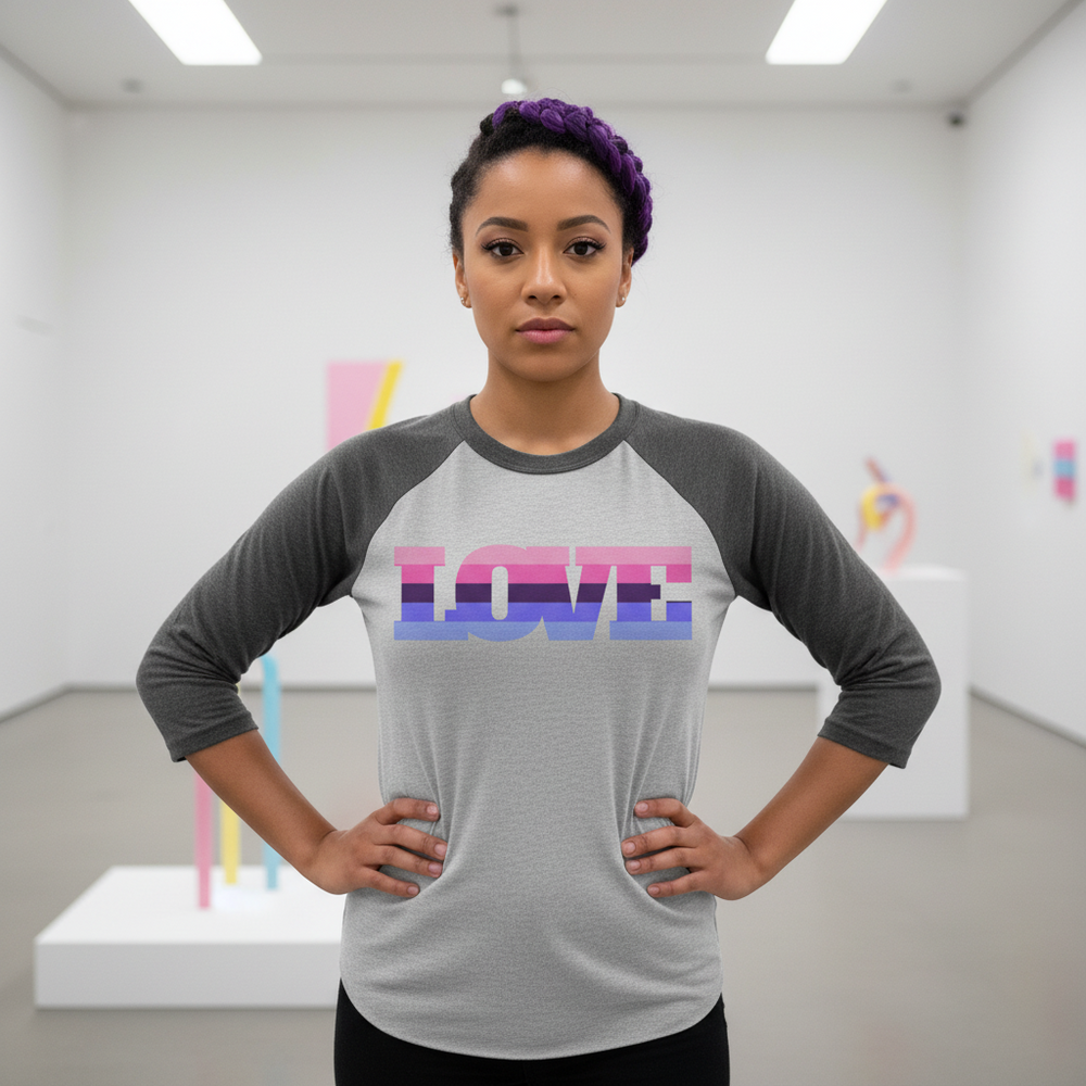 Omnisexual 3/4 sleeve raglan shirt, “LOVE” in pink, purple, blue stripes; person with braided purple hair in art gallery