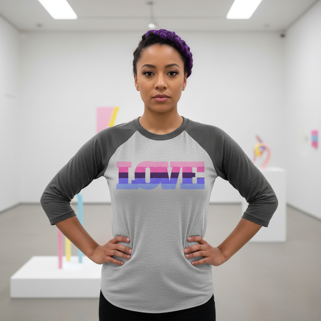 Omnisexual 3/4 sleeve raglan shirt, “LOVE” in pink, purple, blue stripes; person with braided purple hair in art gallery