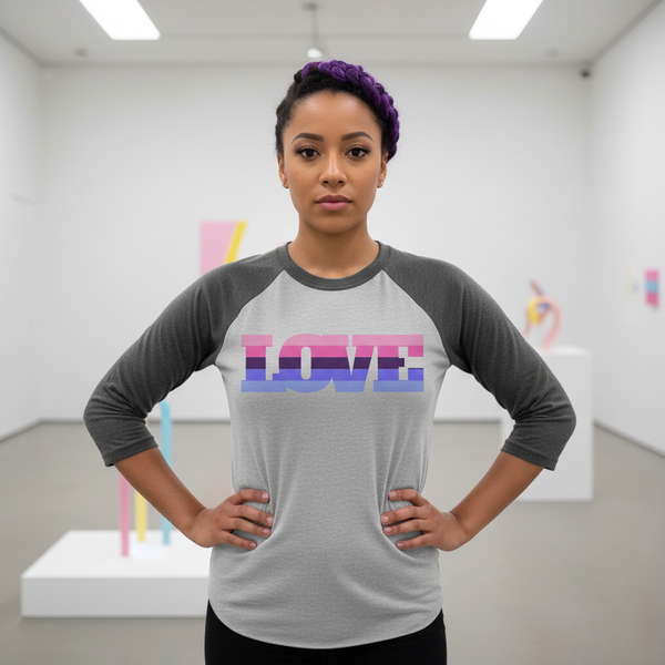 Omnisexual 3/4 sleeve raglan shirt, “LOVE” in pink, purple, blue stripes; person with braided purple hair in art gallery