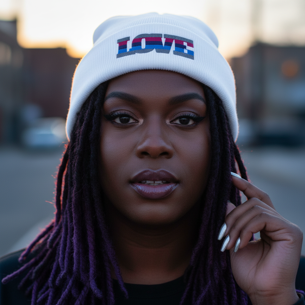 Omnisexual Love Cuffed Beanie: bold white knit hat with “LOVE” in chunky letters, worn by a person with purple locs