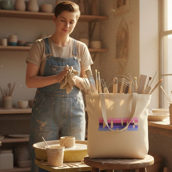 Cream tote bag with rainbow-striped LOVE design, filled with pottery tools on a stool