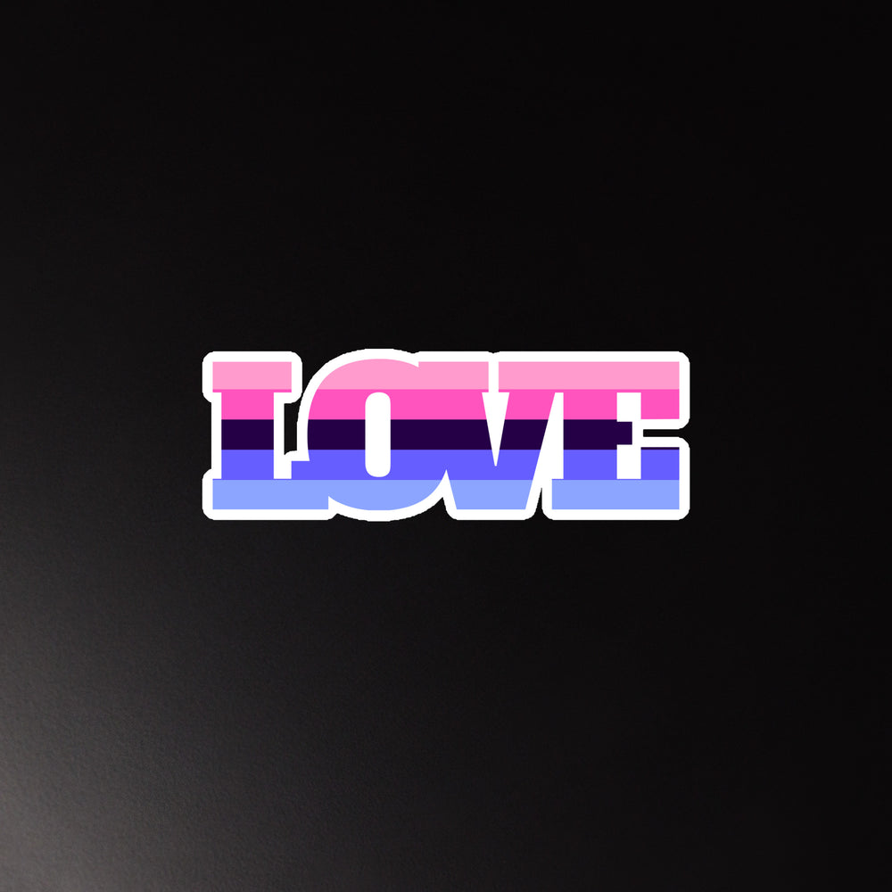 Omnisexual pride flag magnet spelling “LOVE” in white block letters on black