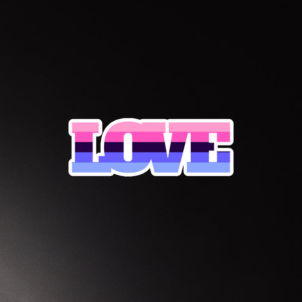 Omnisexual pride flag magnet spelling “LOVE” in white block letters on black