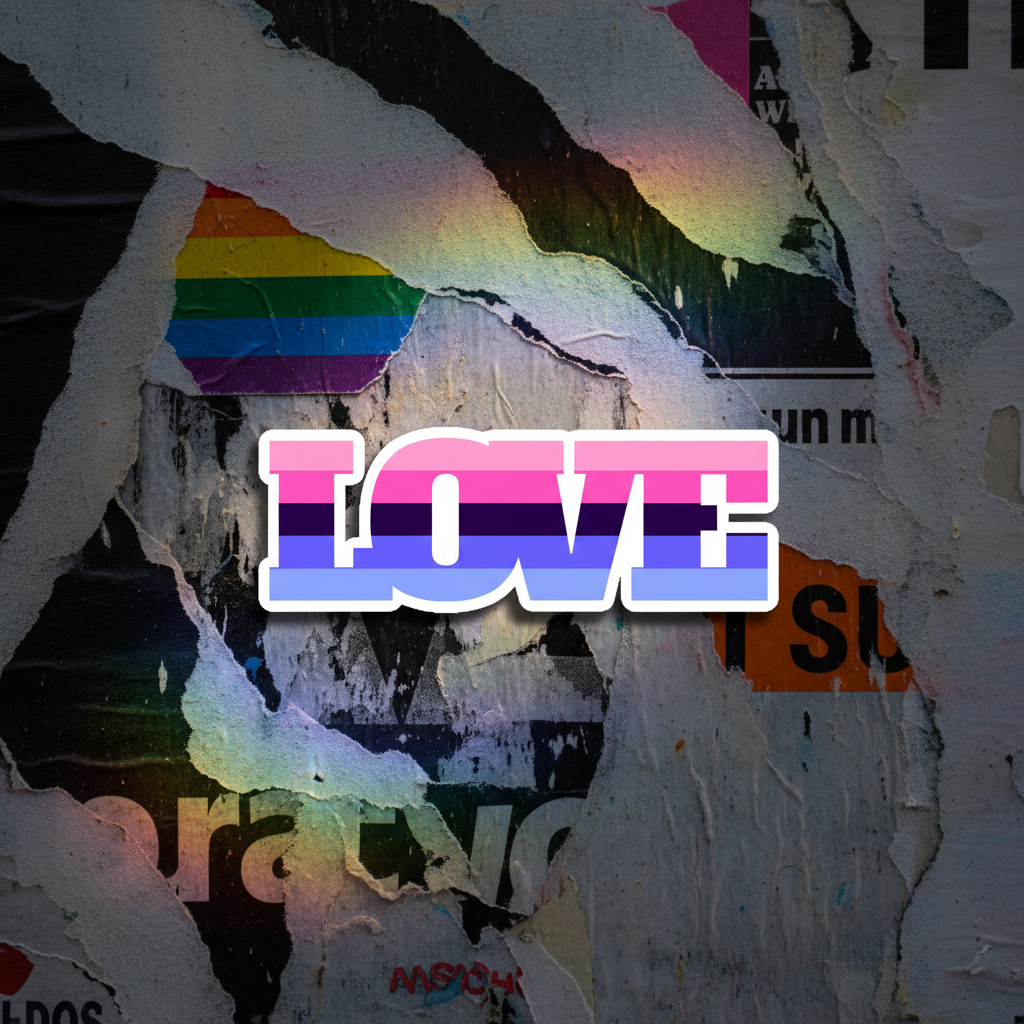 Omnisexual Love Magnet with “LOVE” in omnisexual pride colors on torn layered posters, rainbow hints, and text fragments