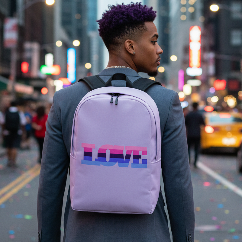 Omnisexual Love Minimalist Backpack with "LOVE" in bold rainbow letters
