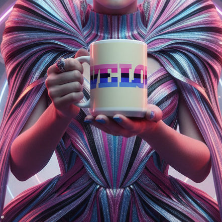 Person in a pleated pink, blue, and silver outfit holding a white mug with partial colorful lettering