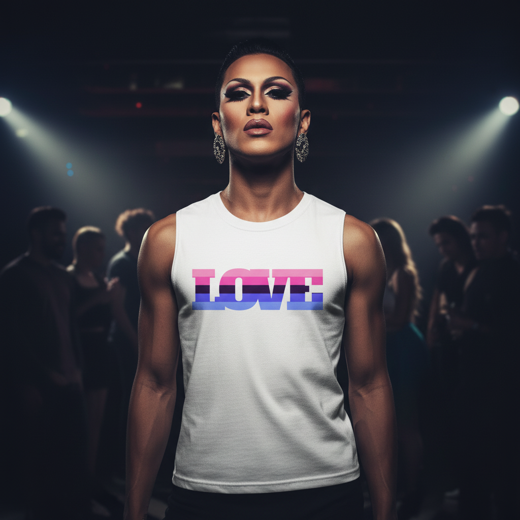 Omnisexual Love Muscle Top with bold pink, purple, and blue striped "LOVE" lettering