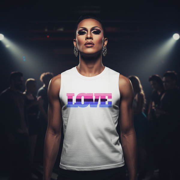 Omnisexual Love Muscle Top with bold pink, purple, and blue striped 