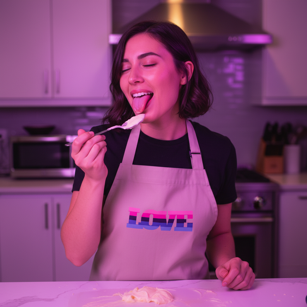Person wearing a pink LOVE apron tastes frosting from a spoon in a kitchen