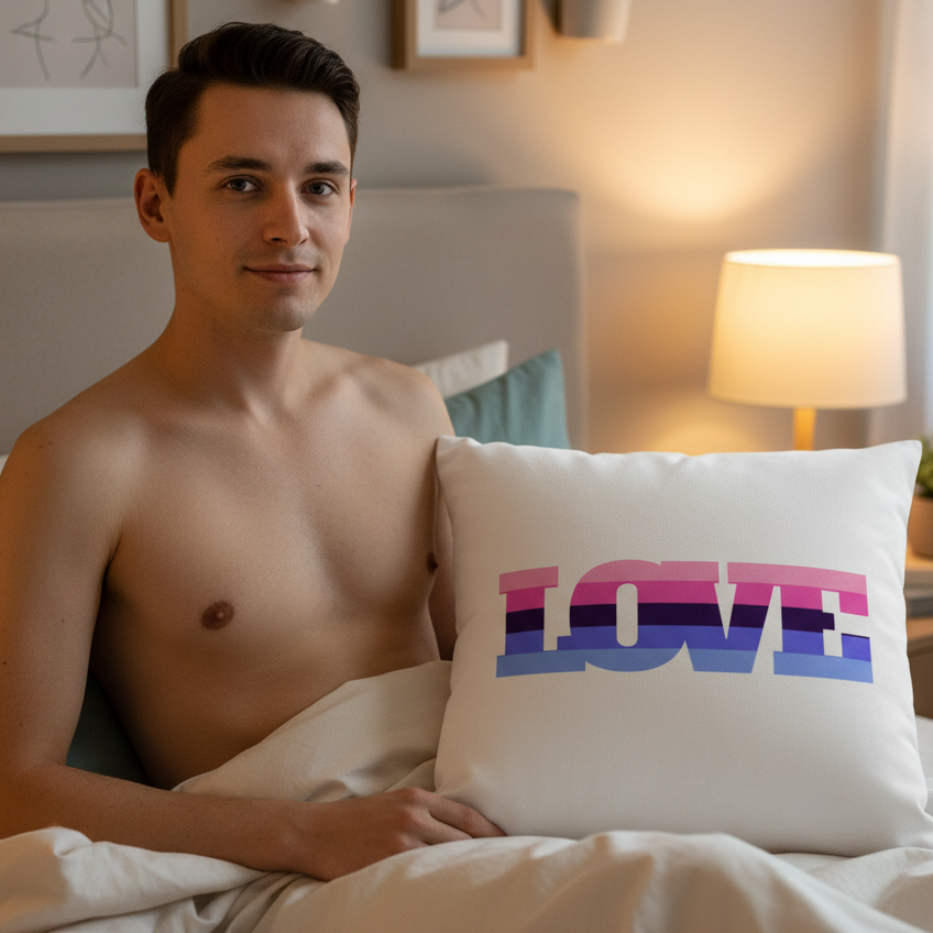 A person in bed with a white sheet holds an Omnisexual Love Pillow featuring "LOVE" in pride colors