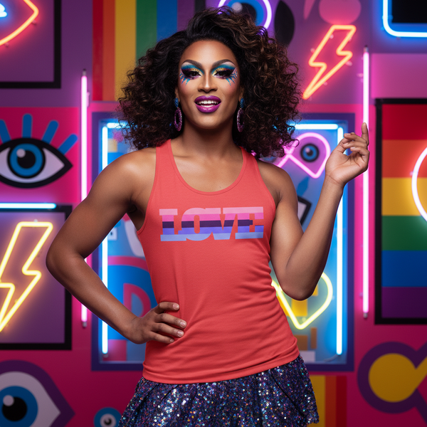Omnisexual Love Unisex Tank Top on a curly-haired person, posing proud before neon rainbow flags, lightning bolts
