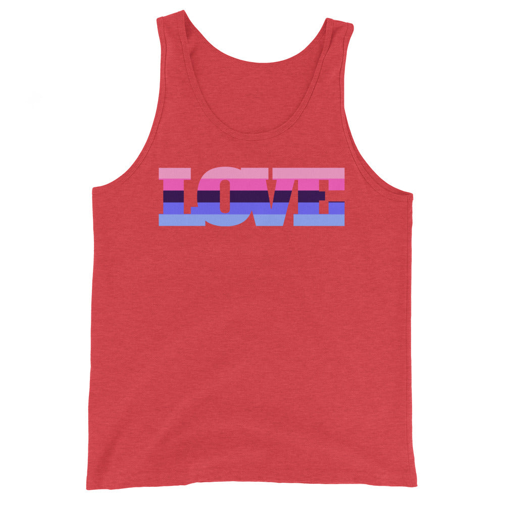 Unisex white tank with "LOVE" in bold caps, filled with pink, purple, and blue omnisexual flag stripes