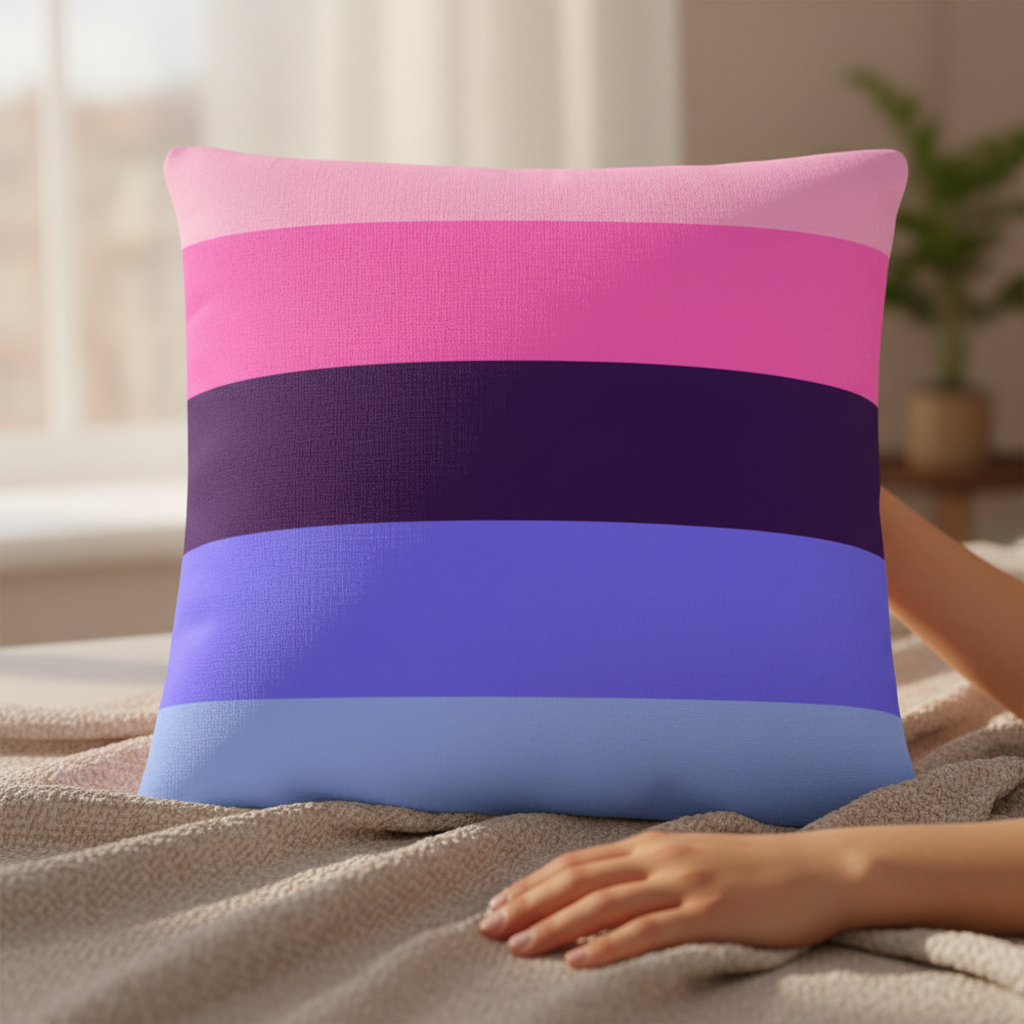 Omnisexual Premium Pillow with pink, dark purple, blue, and light blue stripes on a bed; hand nearby, window light