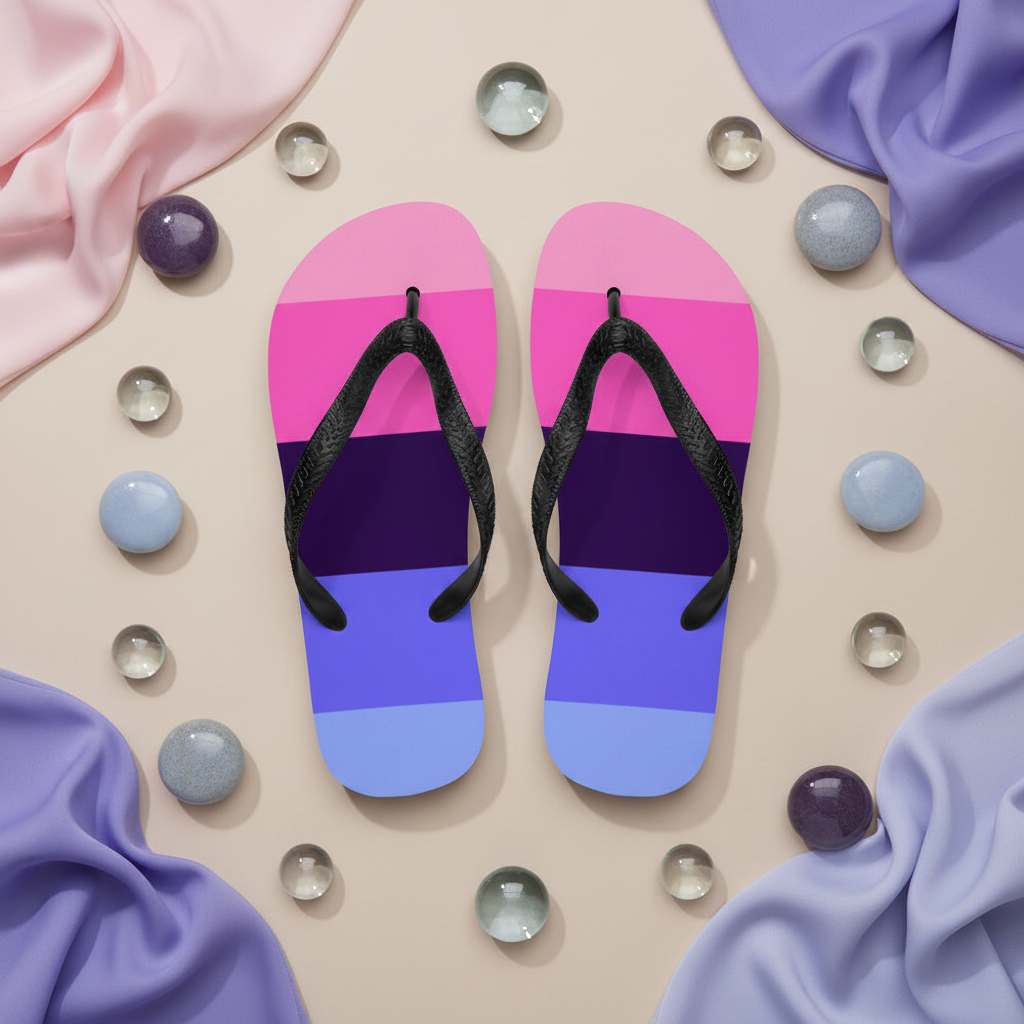 Omnisexual Pride flip-flops with pink, purple, and blue stripes on a beige surface