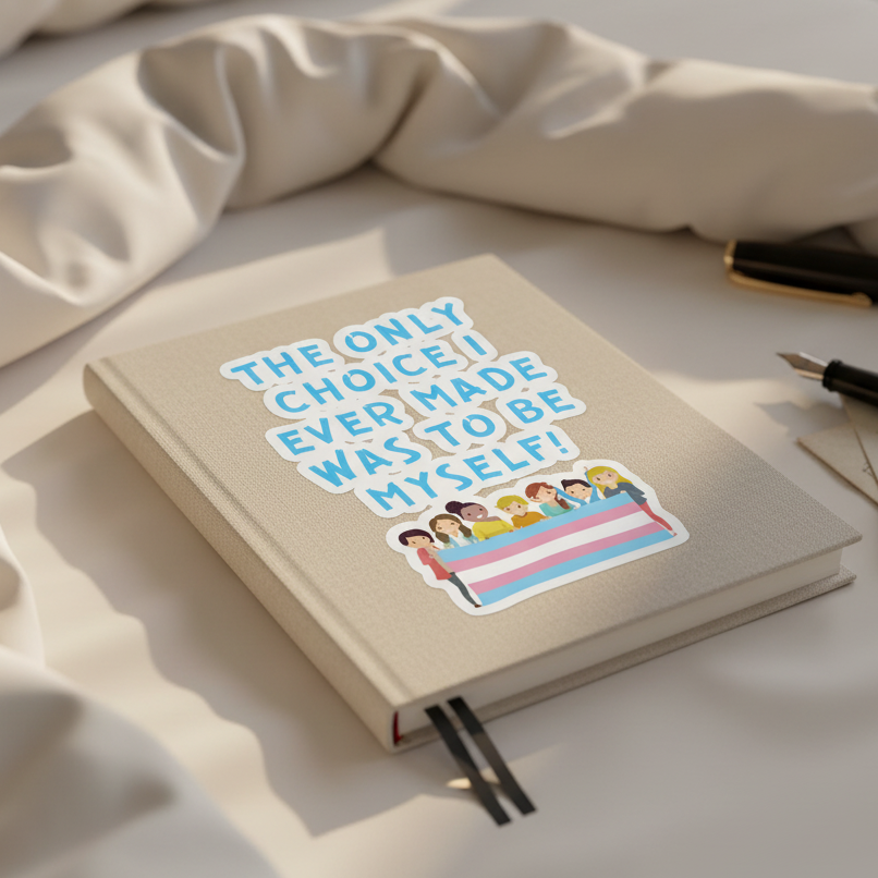 Sticker reading “THE ONLY CHOICE I EVER MADE WAS TO BE MYSELF” with people above a trans pride flag