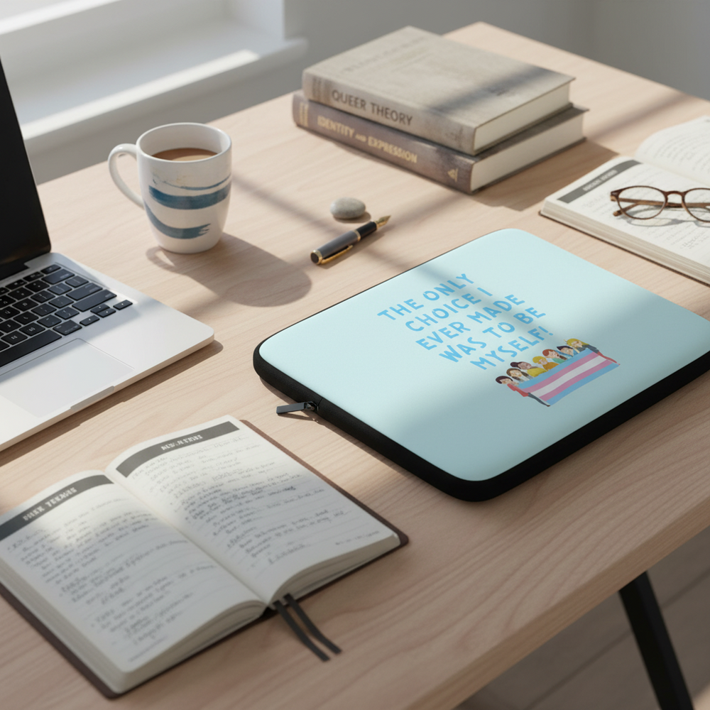 Light blue laptop sleeve with “The only choice I ever made was to be myself” and rainbow illustration on a desk