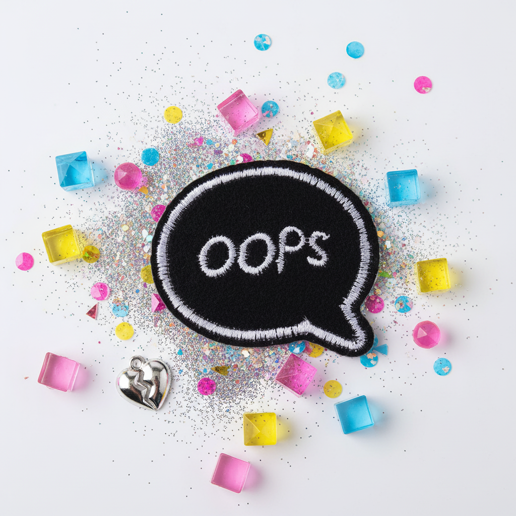 The “Oops” iron-on patch, a black speech bubble with white text, sits on white, framed by glitter, colored cubes, gems
