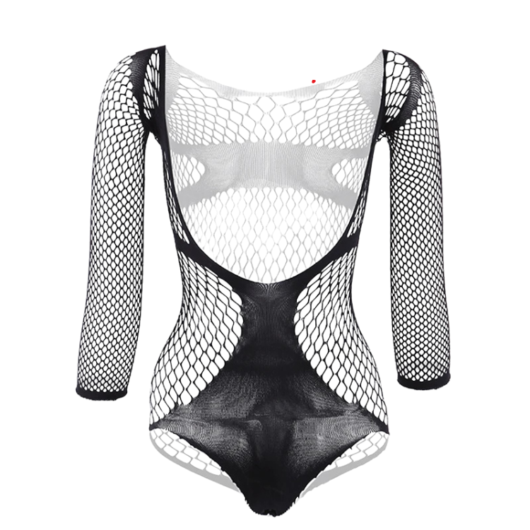 Front view of a black sheer fishnet lace bodysuit with long sleeves