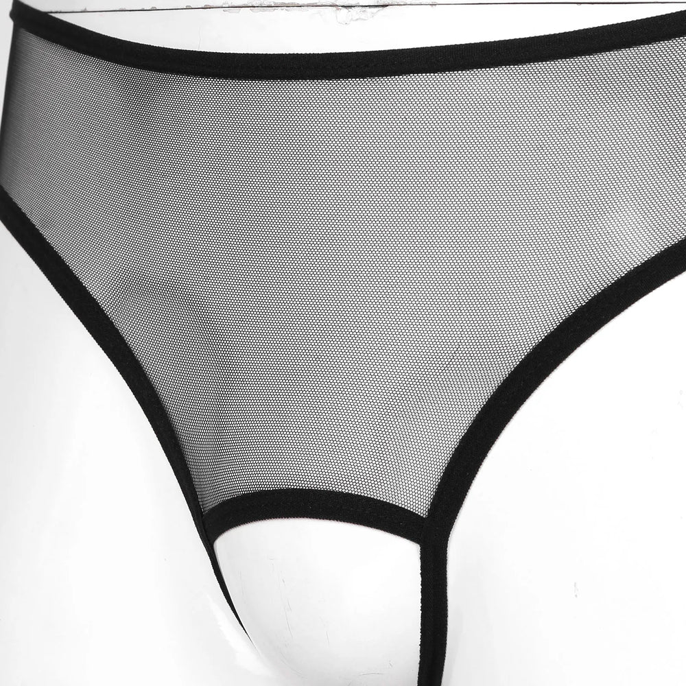 Close-up of black sheer mesh briefs with an open crotch and bound edges