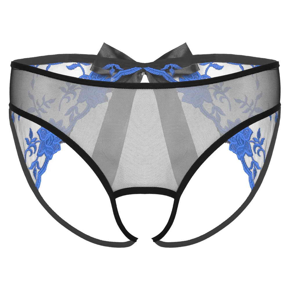 Front view of black mesh men's open-crotch briefs with blue floral embroidery and a bow