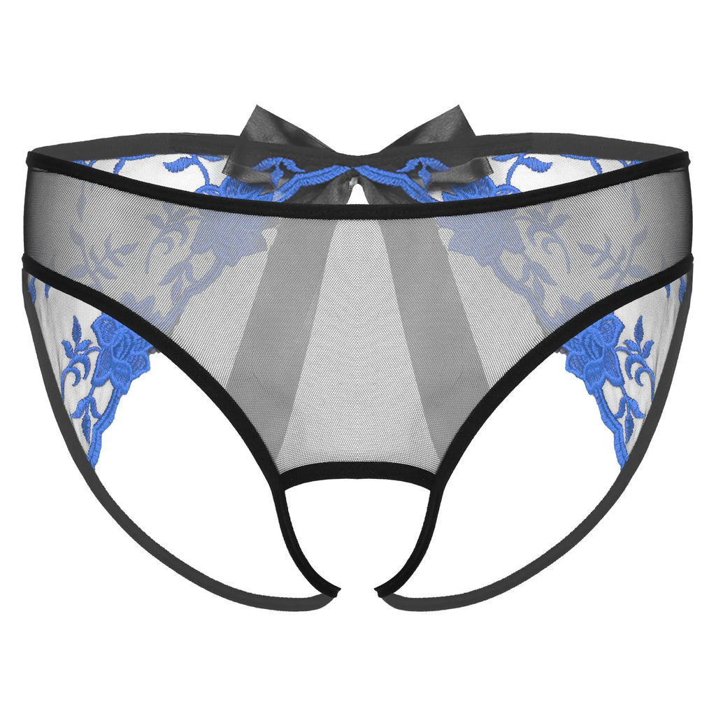 Front view of black mesh men's open-crotch briefs with blue floral embroidery and a bow