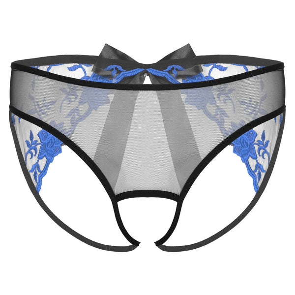 Front view of black mesh men's open-crotch briefs with blue floral embroidery and a bow