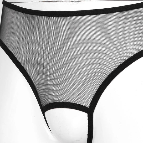 Close-up of black sheer mesh briefs with an open crotch and bound edges