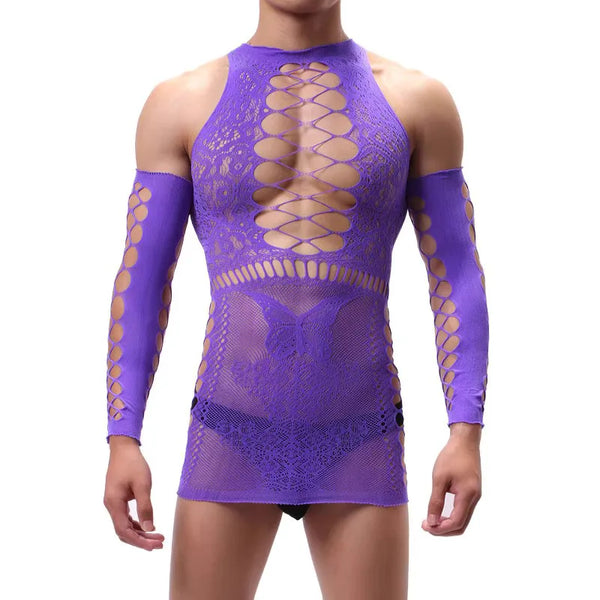 Front view of a purple fishnet bodystocking with long sleeves and a lace-up chest