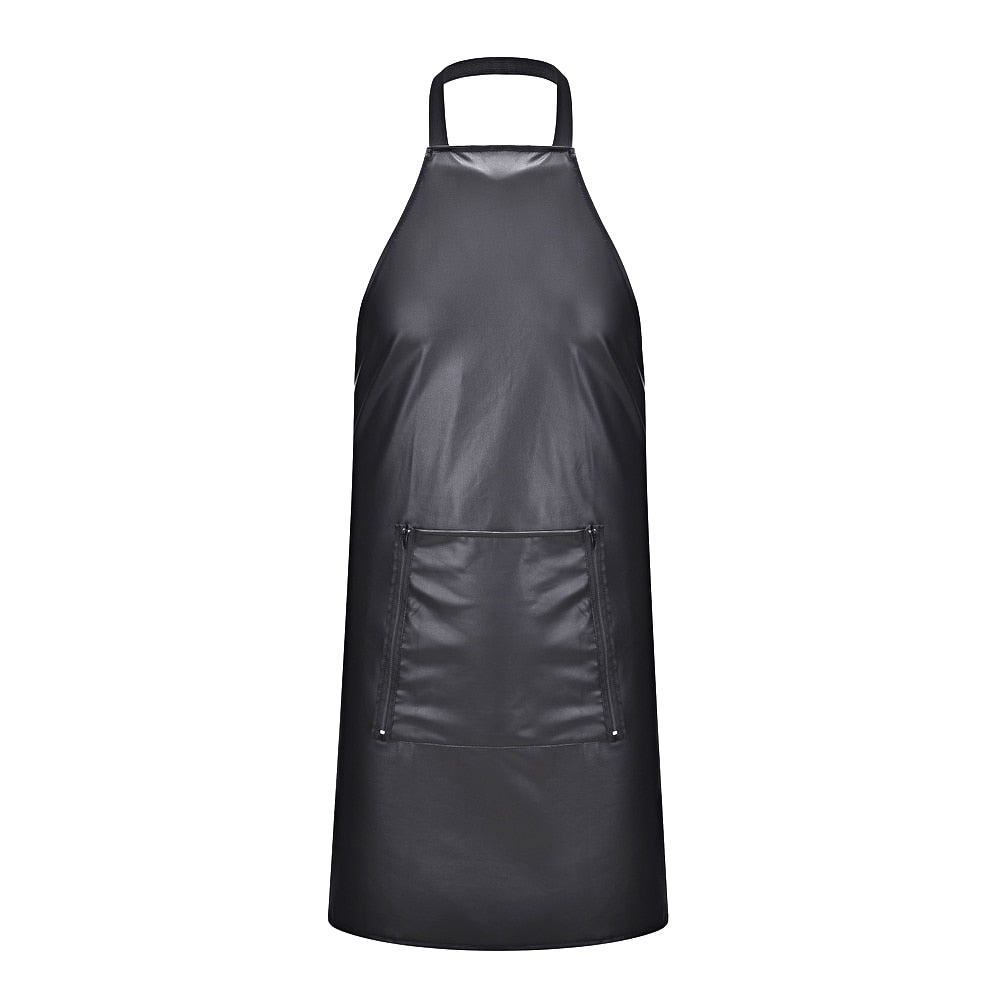 Front view of a black faux-leather apron with neck loop and large front pocket