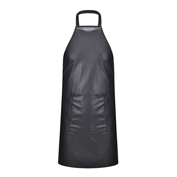 Front view of a black faux-leather apron with neck loop and large front pocket