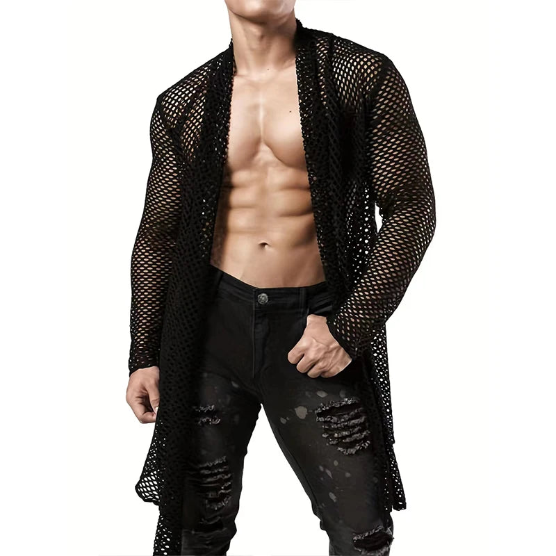 Front view of a shirtless model wearing a long black open-front mesh robe over ripped jeans