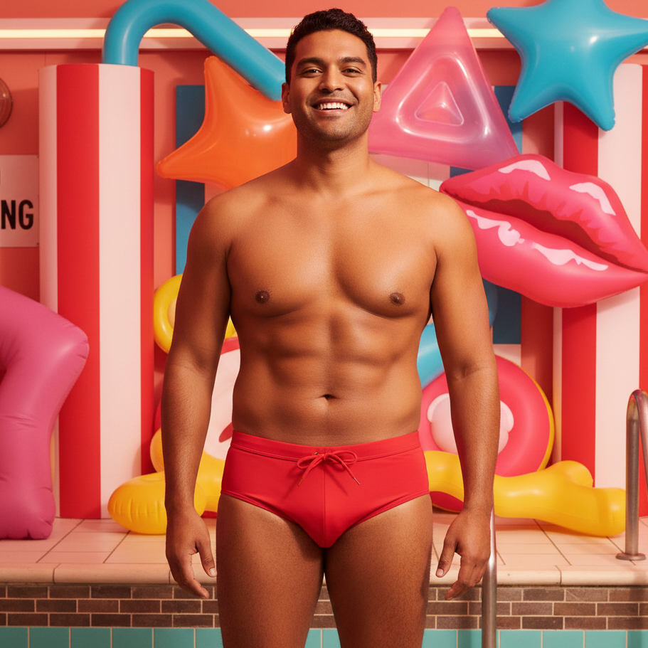 Open Up Design Swim Briefs in bold colors on a smiling person at the pool