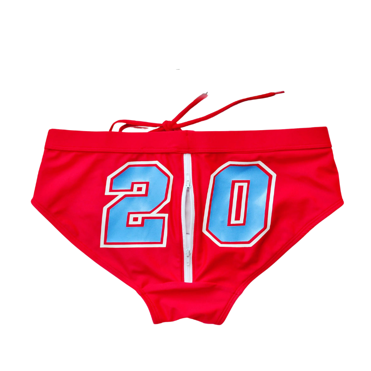 Front view of bright red swim briefs with a white zipper and large blue-and-white “20”