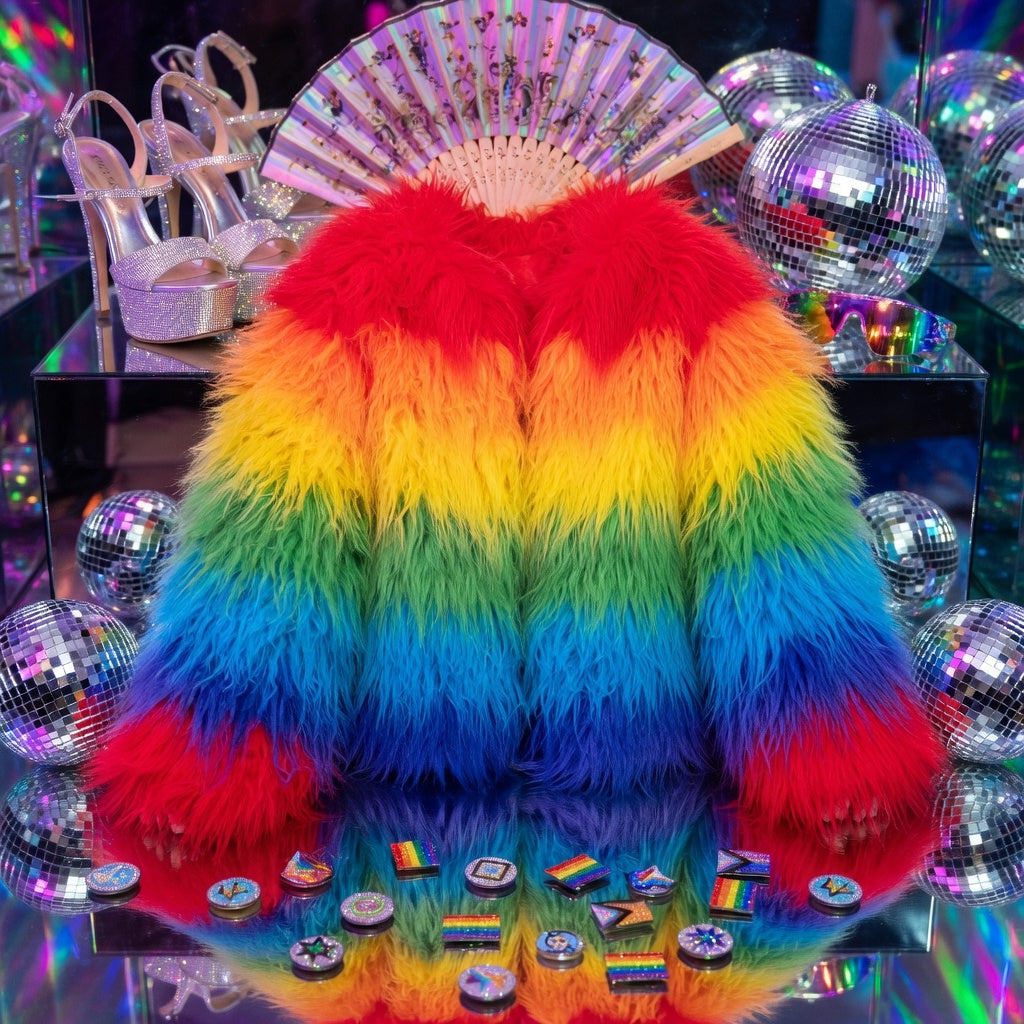 Front view of a vivid rainbow-striped shaggy faux-fur coat on a mirrored display