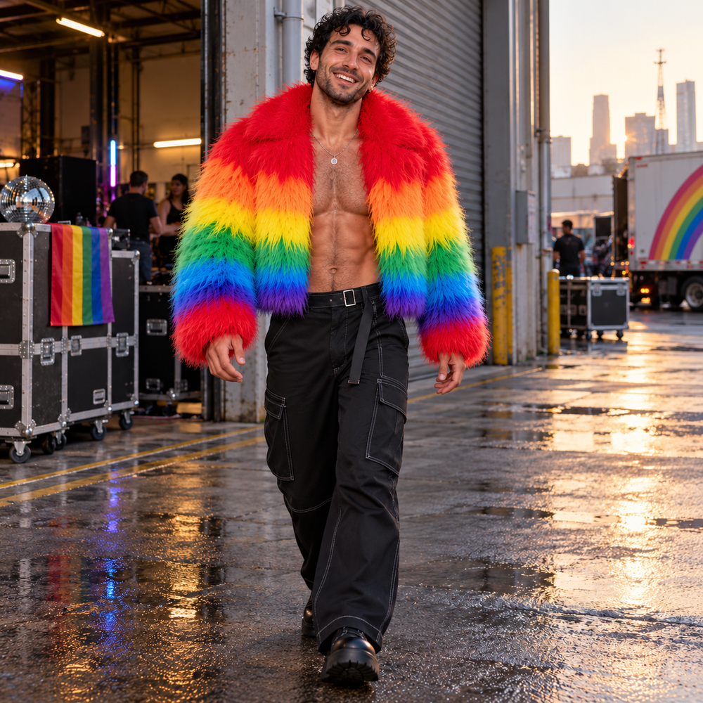 Short rainbow faux-fur jacket worn by an adult male model at a warehouse loading bay in pale morning light.