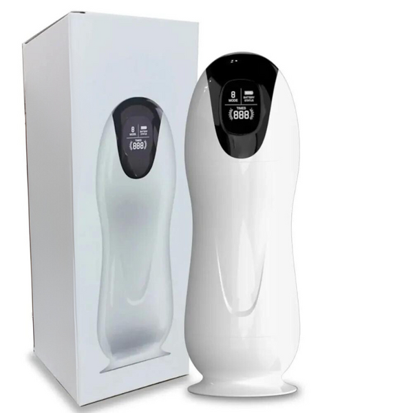 White electric masturbator cup beside its matching upright box, shown from the front