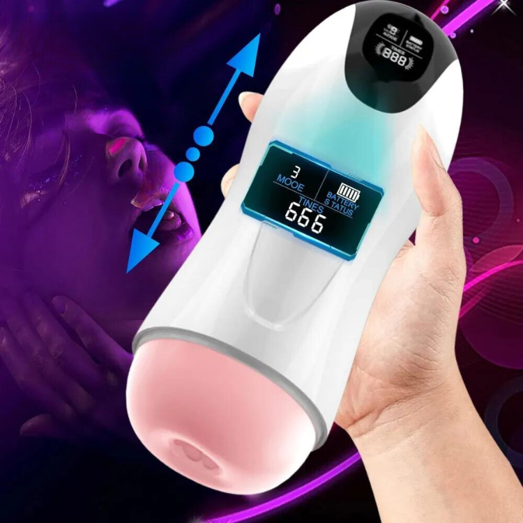 Hand-held white electric masturbator cup with pink opening and digital display