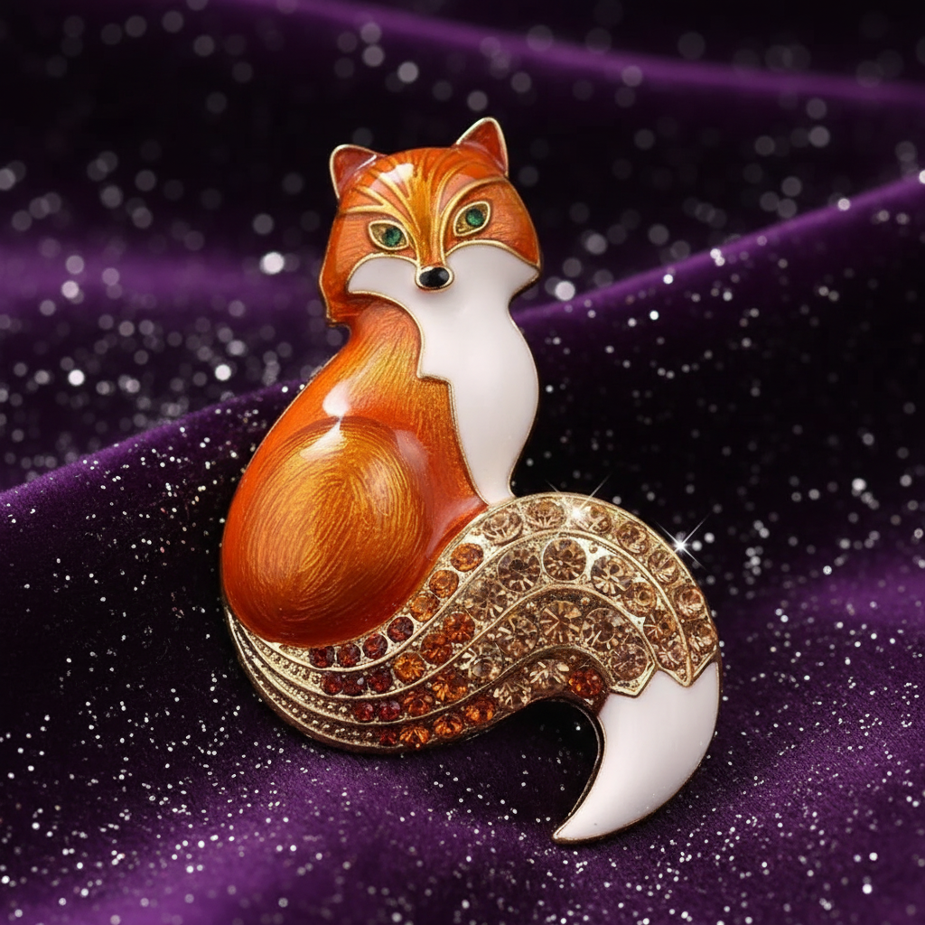 Rhinestone fox enamel pin with an orange fox and jeweled curled tail on purple fabric