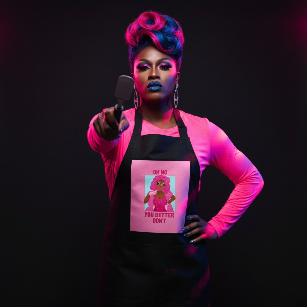 Confident drag performer in Oh No You Better Don't Organic Cotton Apron, featuring a pink-haired diva cartoon, flaunts bold blue makeup and nails, holding a spatula, exuding queer pride and empowerment.