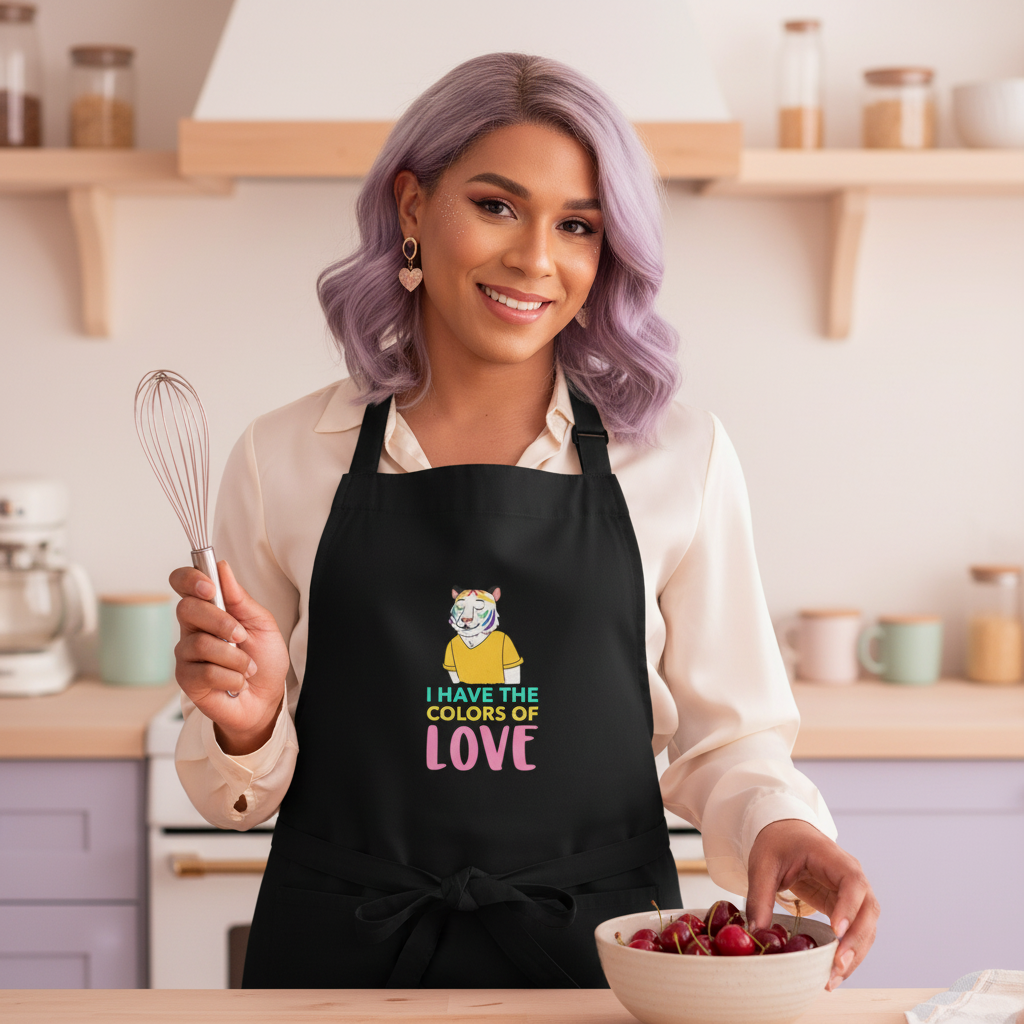 A person with lavender hair and heart earrings wears the I Have The Colors Of Love organic cotton apron, featuring a vibrant tiger design, embodying prideful, queer self-expression while holding a whisk and cherries.