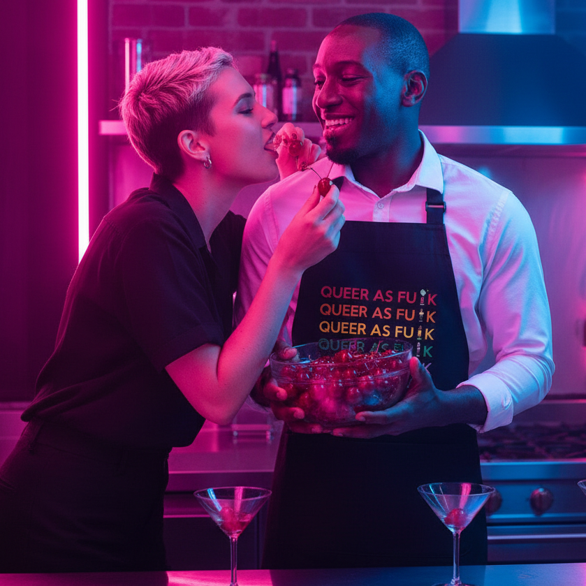 Black apron reading “QUEER AS FU*K” worn by a smiling person in a neon-lit kitchen