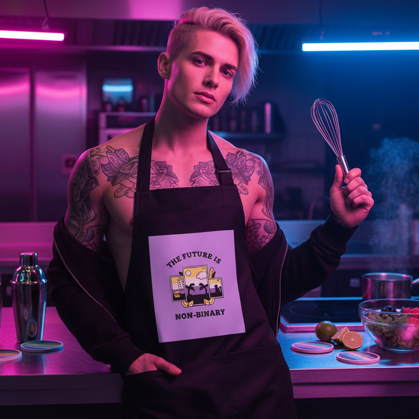 Young person in open jacket and THE FUTURE IS NON-BINARY apron, holding whisk in neon kitchen. Stainless-steel counter displays cocktail shaker, salad, citrus, and non-binary flag coaster.