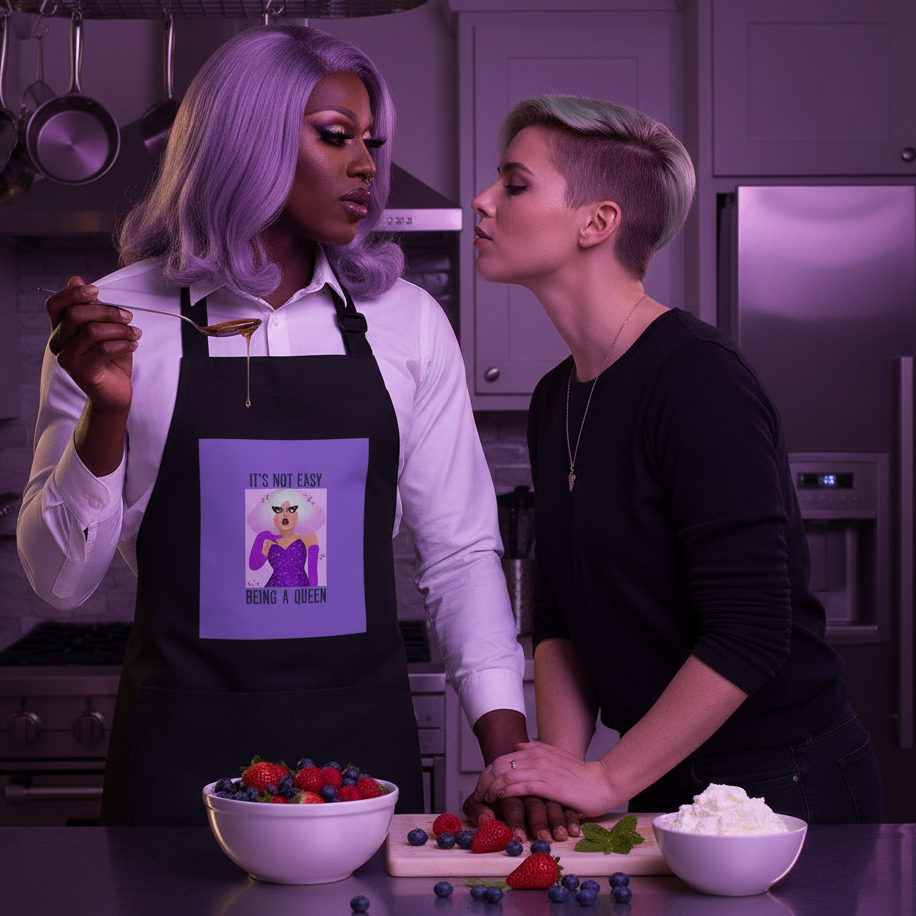 Two individuals in a kitchen, one in drag, wearing the It's Not Easy Being A Queen Organic Cotton Apron, cook with berries and cream, embodying queer pride, empowerment, and playful self-expression.