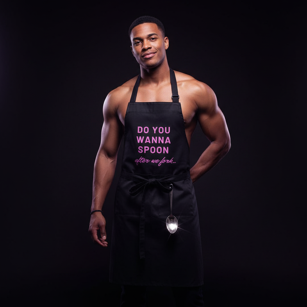 A shirtless man models the Do You Wanna Spoon After We Fork Organic Cotton Apron, showcasing its cheeky pink lettering and metal spoon accent, embodying playful queer pride and kitchen confidence.