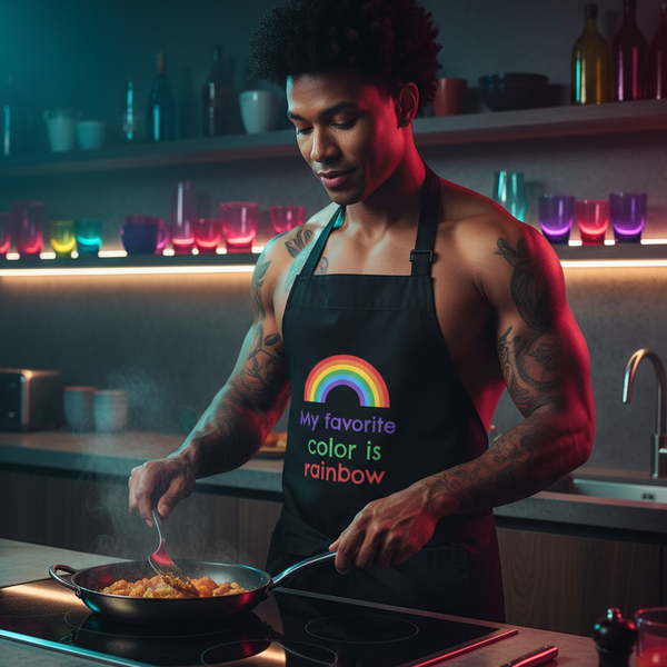 Person wearing a black rainbow-text apron while stirring food in a kitchen