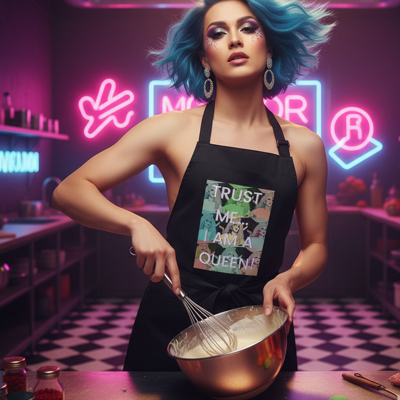 Drag queen with vibrant blue hair whisks batter in a shiny bowl, wearing a Trust Me I'm A Queen Organic Cotton Apron, embodying bold queer pride and self-expression in a neon-lit kitchen scene.
