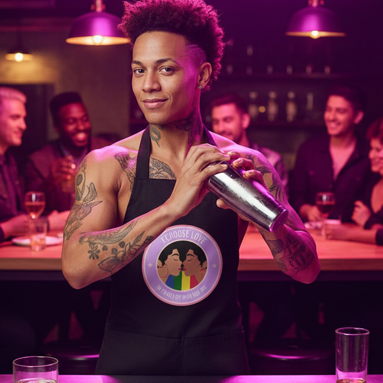 Bartender in a black apron holds a cocktail shaker; circular pride graphic reads “I CHOOSE LOVE.”