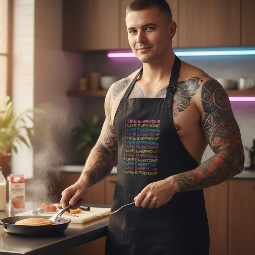 Muscular man confidently cooks in a black I Like Everyone Organic Cotton Apron, proudly showcasing rainbow lettering. Surrounded by fresh fruit and kitchen essentials, embodying LGBTQIA+ visibility and empowerment.