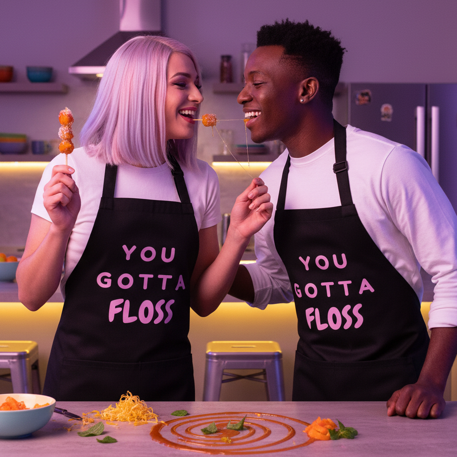 Two people in a kitchen wear You Gotta Floss organic cotton aprons, joyfully sharing orange-coated bites. The aprons celebrate LGBTQIA+ pride, adding flair and confidence to cooking.