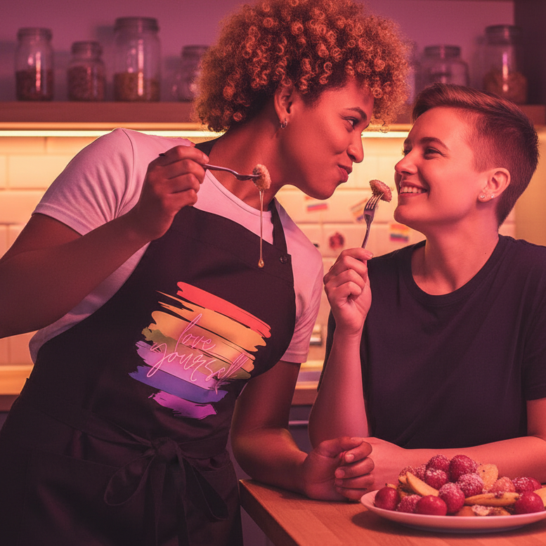 Two people share a cozy moment in the kitchen, wearing the Love Yourself! Organic Cotton Apron, featuring rainbow brushstrokes. This prideful apron embodies queer empowerment and self-expression.